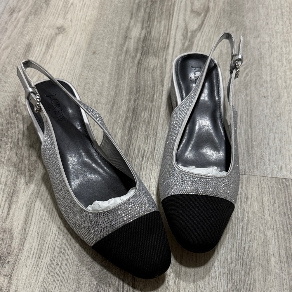 J Crew Silver and Black Slingback Heels